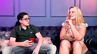 My grades in class aren't the best, so my blonde MILF stepmom fucks my big nerd cock as punishment.