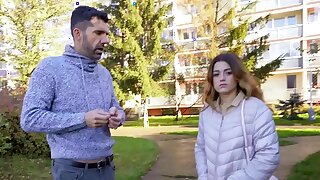 Public Agent Tight Spanish babe gives blowjob and fuck behind husbands back