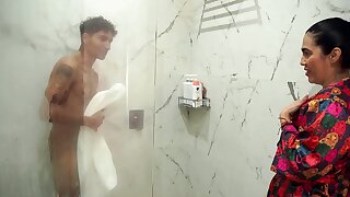 Stepmom with huge ass spies on her stepson in the shower so he'll fuck her.