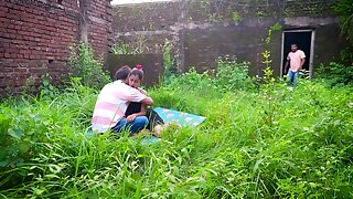 When a couple was getting ready to have sex in the ruins, a guy caught them and then had rough sex with the girl.
