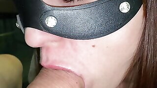 Gorgeous blowjob from a masked brunette